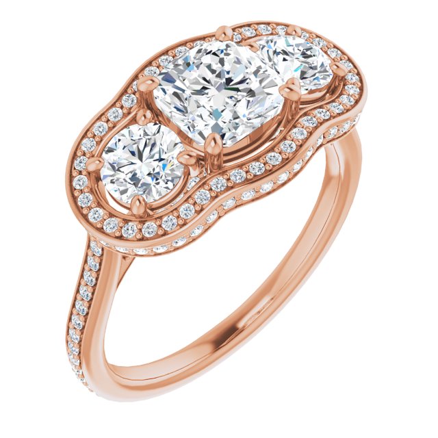 10K Rose Gold Customizable 3-stone Cushion Cut Design with Multi-Halo Enhancement and 150+-stone Pavé Band