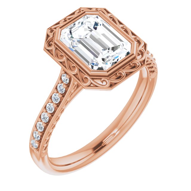 Cubic Zirconia Engagement Ring- The Itzayana (Customizable Cathedral-Bezel Radiant Cut Design featuring Accented Band with Filigree Inlay)