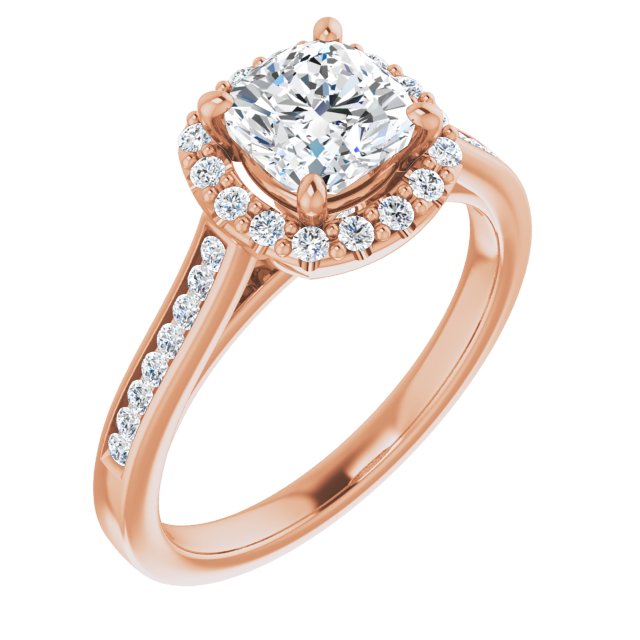 10K Rose Gold Customizable Cushion Cut Design with Halo, Round Channel Band and Floating Peekaboo Accents