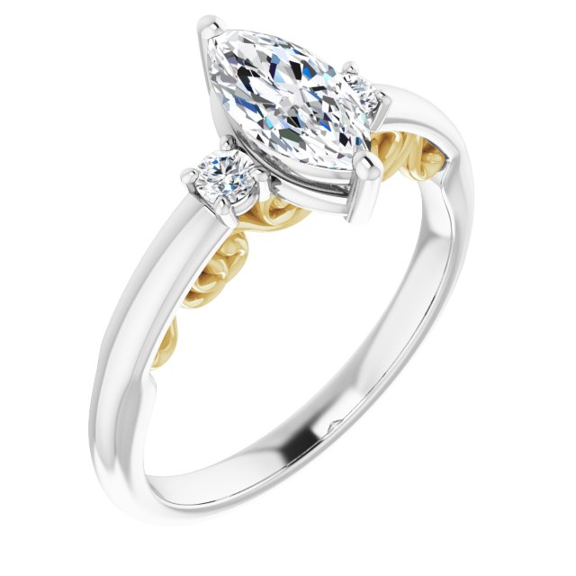 14K White & Yellow Gold Customizable Marquise Cut 3-stone Style featuring Heart-Motif Band Enhancement