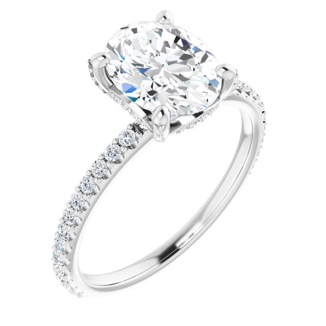 10K White Gold Customizable Oval Cut Design with Round-Accented Band, Micropav? Under-Halo and Decorative Prong Accents)