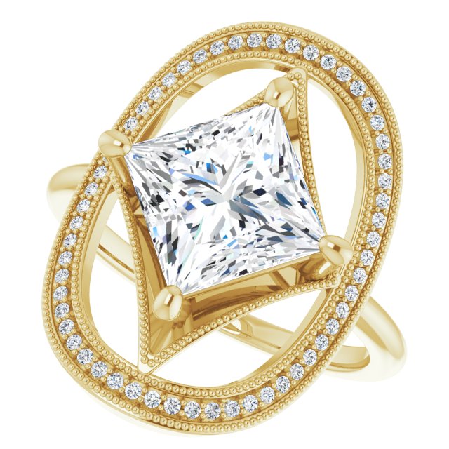 Cubic Zirconia Engagement Ring- The Mireya (Customizable Kite-Rhombus Princess/Square Cut Design with Beaded Milgrain & Halo Accents)