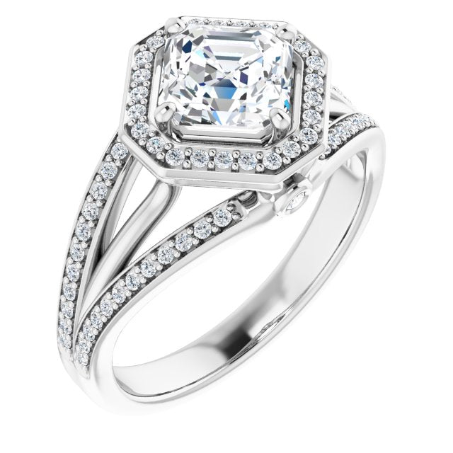 10K White Gold Customizable High-set Asscher Cut Design with Halo, Wide Tri-Split Shared Prong Band and Round Bezel Peekaboo Accents