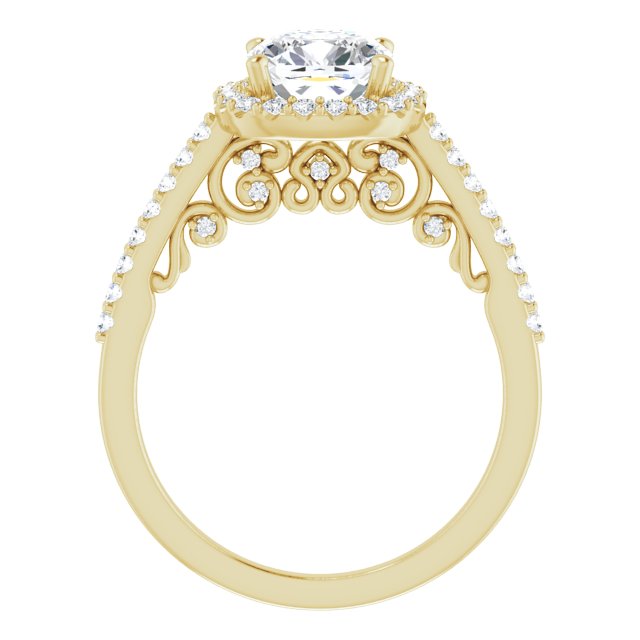 Cubic Zirconia Engagement Ring- The Aiko (Customizable Cathedral-Halo Cushion Cut Design with Carved Metal Accent plus Pavé Band)
