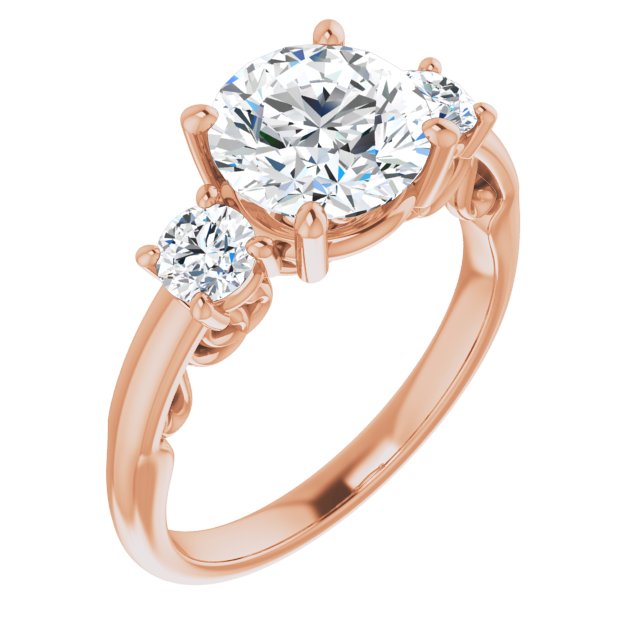 14K Rose Gold Customizable Round Cut 3-stone Style featuring Heart-Motif Band Enhancement