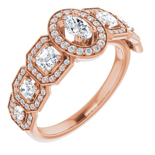 10K Rose Gold Customizable Cathedral-Halo Oval Cut Design with Six Halo-surrounded Asscher Cut Accents and Ultra-wide Band