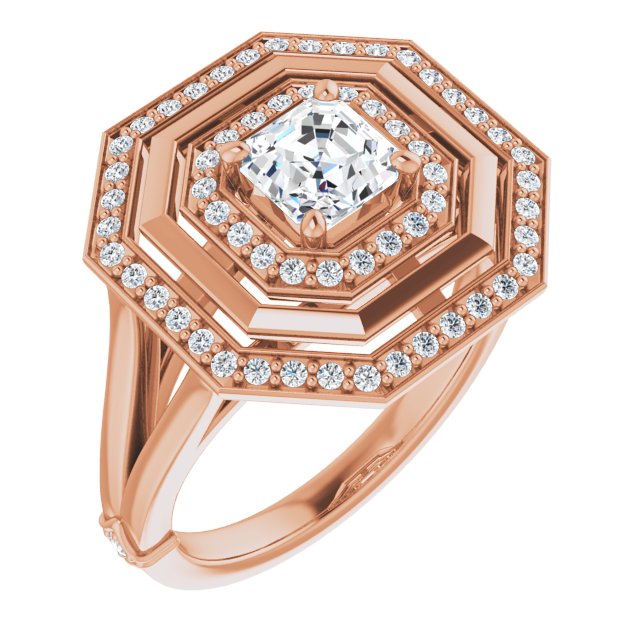 10K Rose Gold Customizable Asscher Cut Oversized 2x Halo Style with Knuckle Accented Split Band
