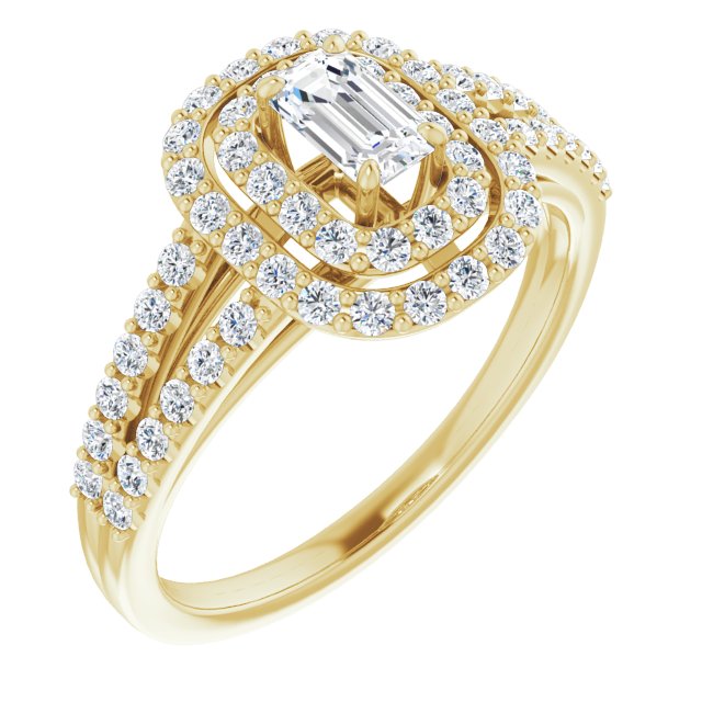 18K Yellow Gold Customizable Emerald/Radiant Cut Design with Double Halo and Wide Split-Pavé Band