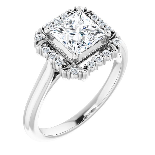 10K White Gold Customizable Princess/Square Cut Design with Majestic Crown Halo and Raised Illusion Setting