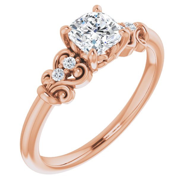 10K Rose Gold Customizable Vintage 5-stone Design with Cushion Cut Center and Artistic Band Décor