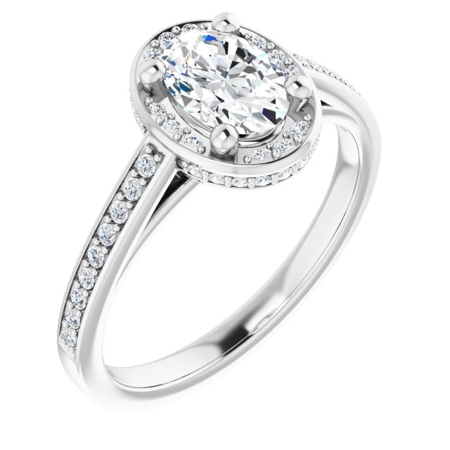 10K White Gold Customizable Cathedral-Halo Oval Cut Design with Under-halo & Shared Prong Band