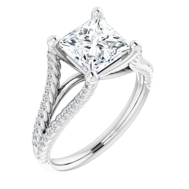 10K White Gold Customizable Princess/Square Cut Style with Split Band and Rope-Pavé