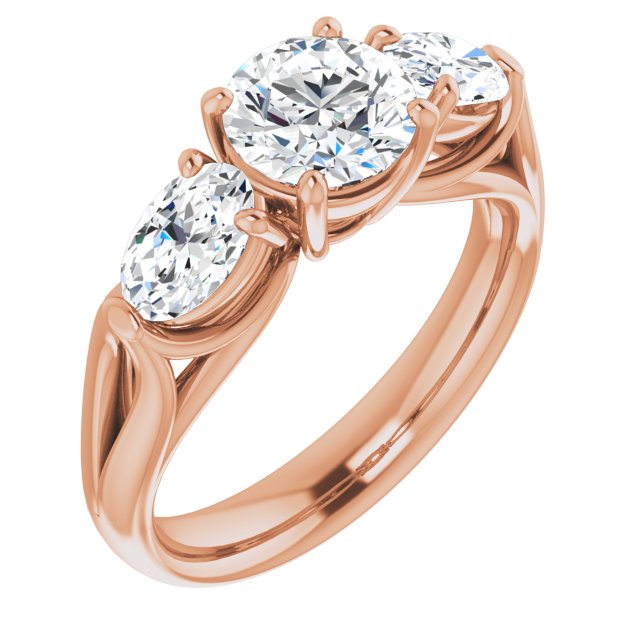 10K Rose Gold Customizable Cathedral-set 3-stone Round Cut Style with Dual Oval Cut Accents & Wide Split Band