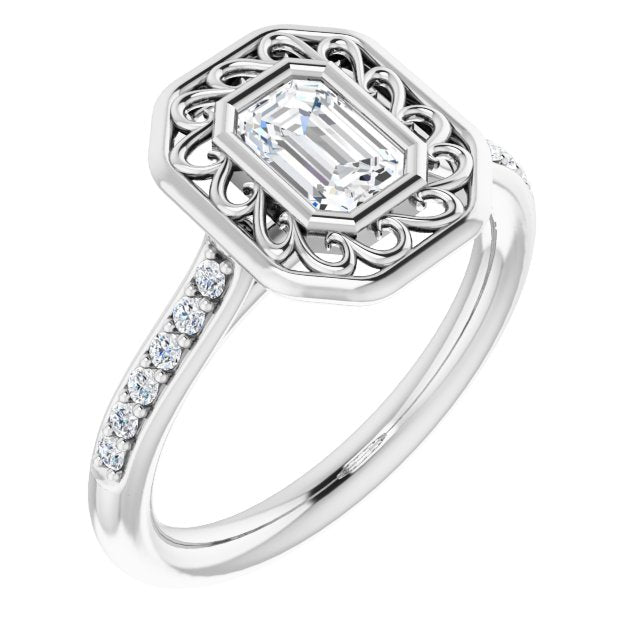 10K White Gold Customizable Cathedral-Bezel Emerald/Radiant Cut Design with Floral Filigree and Thin Shared Prong Band