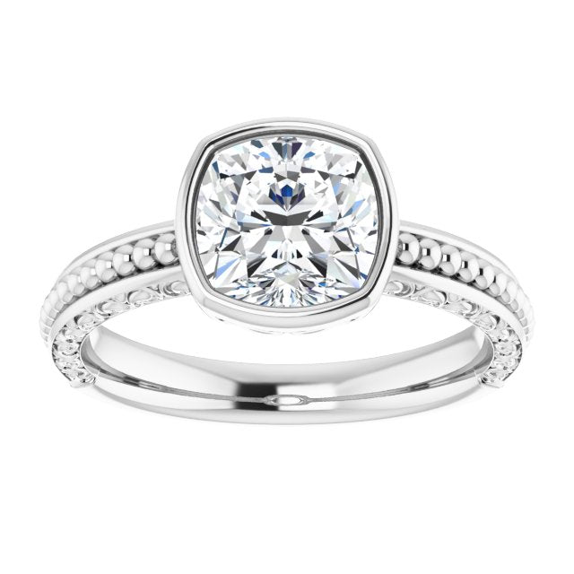 Cubic Zirconia Engagement Ring- The Cheyenne (Customizable Bezel-set Cushion Cut Solitaire with Beaded and Carved Three-sided Band)
