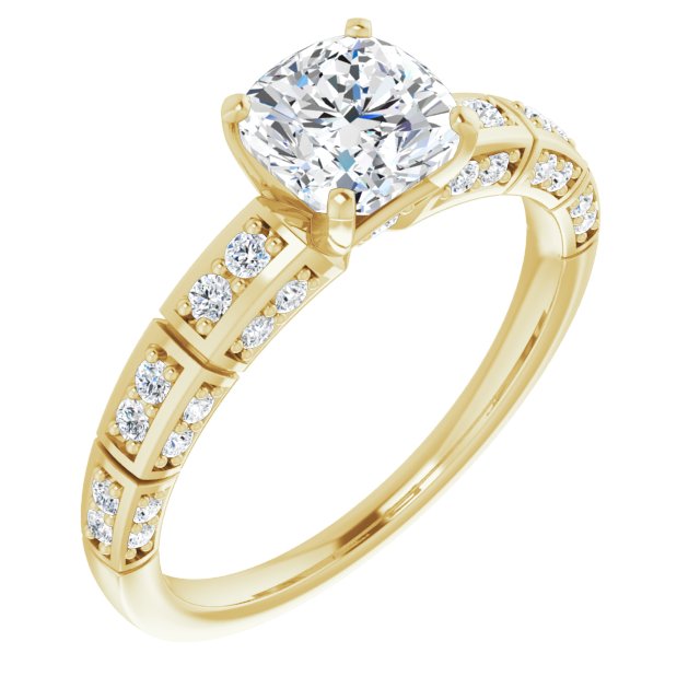 14K Yellow Gold Customizable Cushion Cut Style with Three-sided, Segmented Shared Prong Band