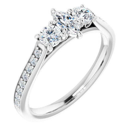 10K White Gold Customizable Marquise Cut Cathedral Setting with Filigree Design and Shared Prong Band