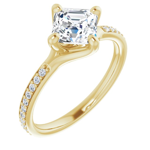10K Yellow Gold Customizable Asscher Cut Design featuring Thin Band and Shared-Prong Round Accents