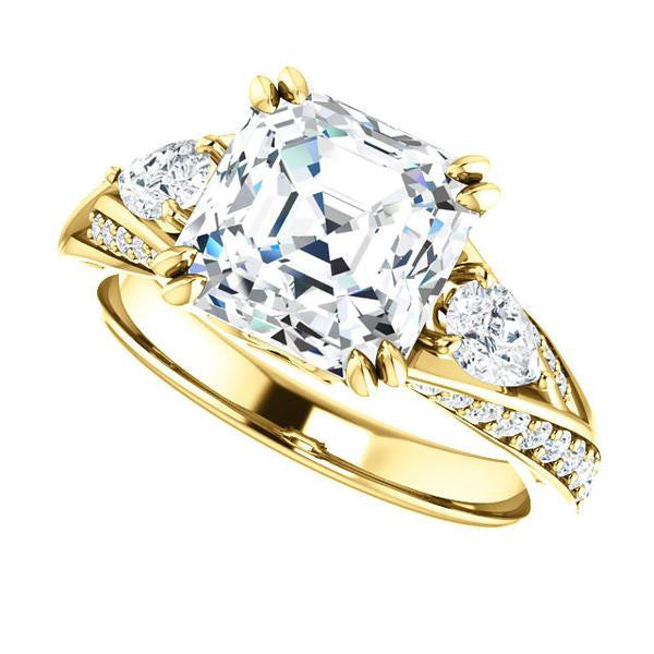 Cubic Zirconia Engagement Ring- The Jackie (Customizable Asscher Center with Flanking Pear Accents and Pavé Band)