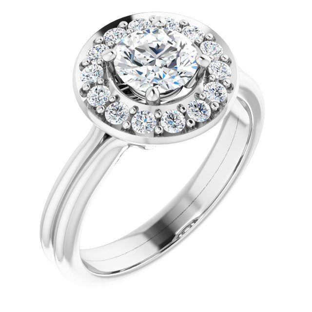 10K White Gold Customizable Cluster-Halo Accented Round Cut Style with Tapered Dual Band