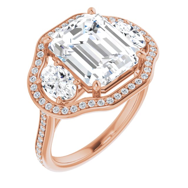 10K Rose Gold Customizable Emerald/Radiant Cut Style with Oval Cut Accents, 3-stone Halo & Thin Shared Prong Band