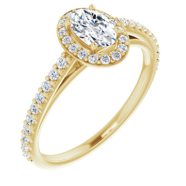 10K Yellow Gold Customizable Oval Cut Design with Halo and Thin Pavé Band