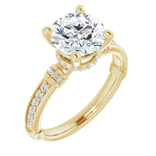 14K Yellow Gold Customizable Round Cut Style featuring Under-Halo, Shared Prong and Quad Horizontal Band Accents