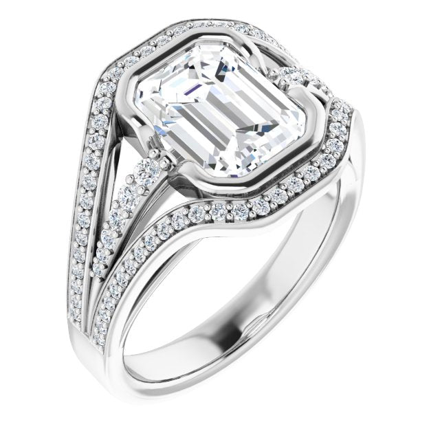 10K White Gold Customizable Cathedral-Bezel Emerald/Radiant Cut Design with Wide Triple-Split-Pavé Band