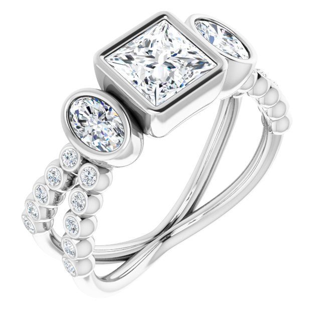 10K White Gold Customizable Bezel-set Princess/Square Cut Design with Dual Bezel-Oval Accents and Round-Bezel Accented Split Band
