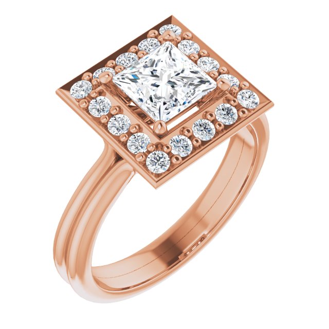 10K Rose Gold Customizable Cluster-Halo Accented Princess/Square Cut Style with Tapered Dual Band