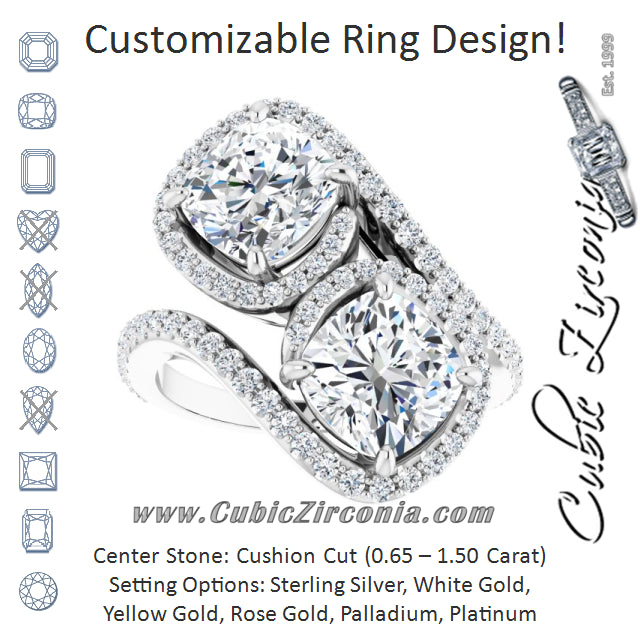 Cubic Zirconia Engagement Ring- The Anushka (Customizable Double Cushion Cut 2-Stone Style Enhanced with Accented Artisan Bypass Band)