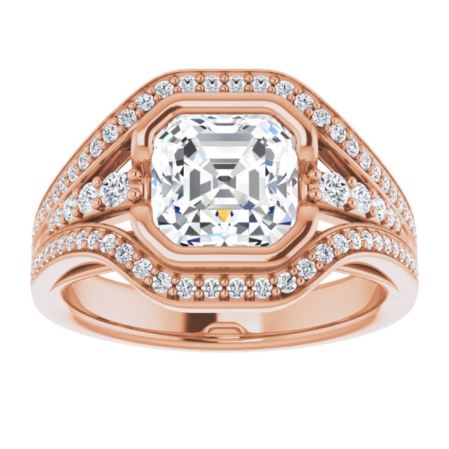 Cubic Zirconia Engagement Ring- The Paola (Customizable Cathedral-Bezel Asscher Cut Design with Wide Triple-Split-Pavé Band)