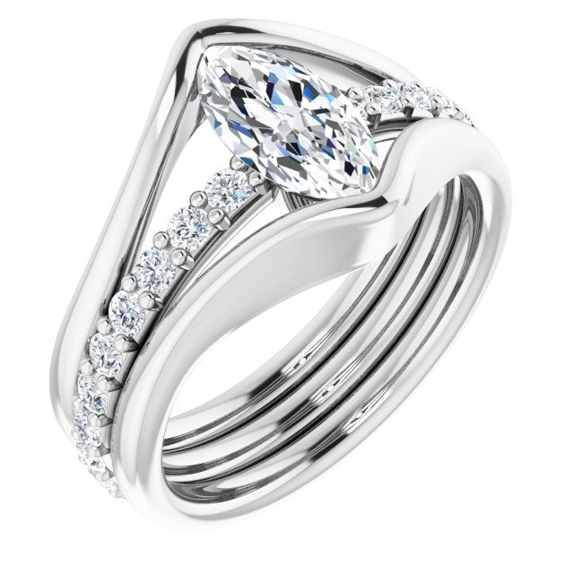 10K White Gold Customizable Bezel-set Marquise Cut Style with Thick Pavé Band