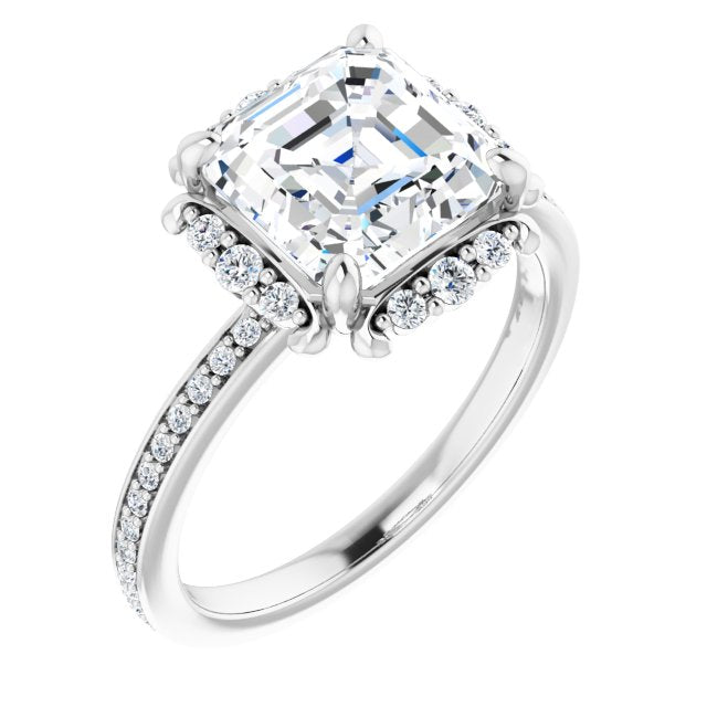 10K White Gold Customizable Asscher Cut Style with Halo and Thin Shared Prong Band