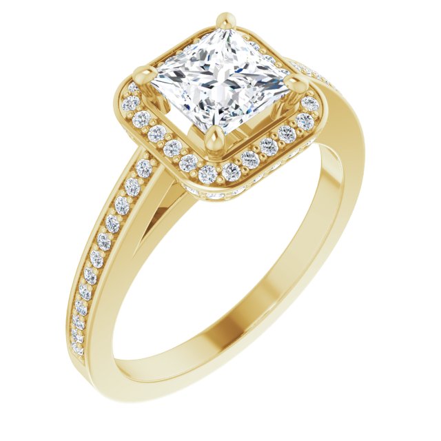 10K Yellow Gold Customizable Cathedral-set Princess/Square Cut Design with Halo, Thin Pavé Band & Round-Bezel Peekaboos