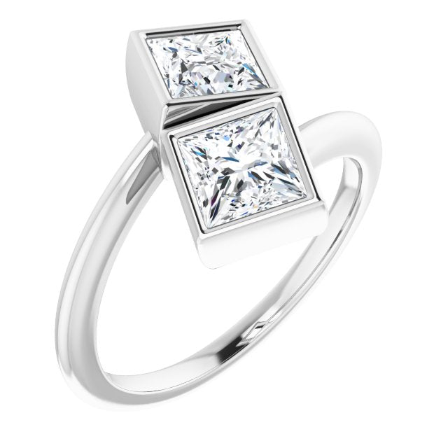 10K White Gold Customizable 2-stone Double Bezel Princess/Square Cut Design with Artisan Bypass Band