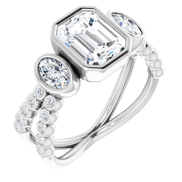 Cubic Zirconia Engagement Ring- The Tamanna (Customizable Bezel-set Emerald Cut Design with Dual Bezel-Oval Accents and Round-Bezel Accented Split Band)