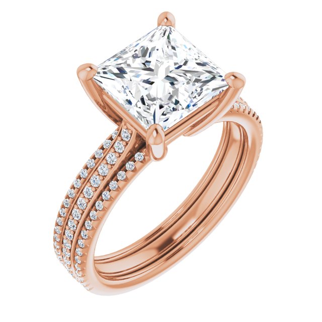 10K Rose Gold Customizable Princess/Square Cut Center with Wide Pavé Accented Band