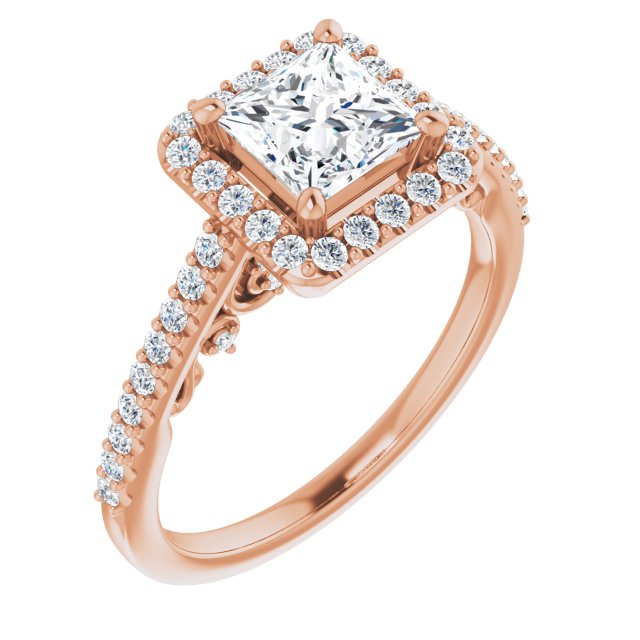 10K Rose Gold Customizable Cathedral-Halo Princess/Square Cut Design with Carved Metal Accent plus Pavé Band