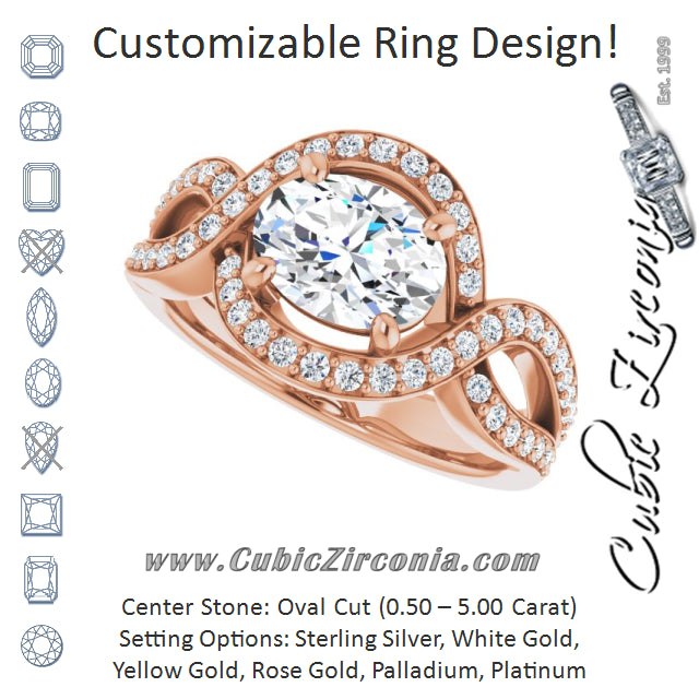 Cubic Zirconia Engagement Ring- The Effie (Customizable Oval Cut Center with Infinity-inspired Split Shared Prong Band and Bypass Halo)