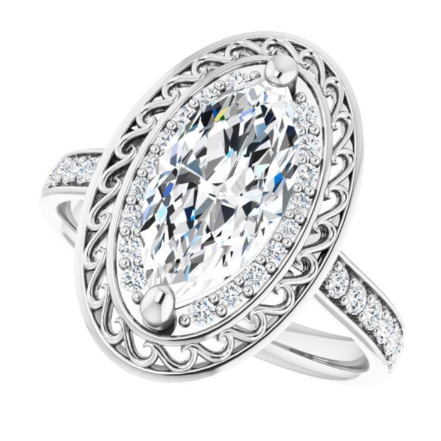 Cubic Zirconia Engagement Ring- The Ariané Contessa (Customizable Cathedral-style Marquise Cut featuring Cluster Accented Filigree Setting & Shared Prong Band)