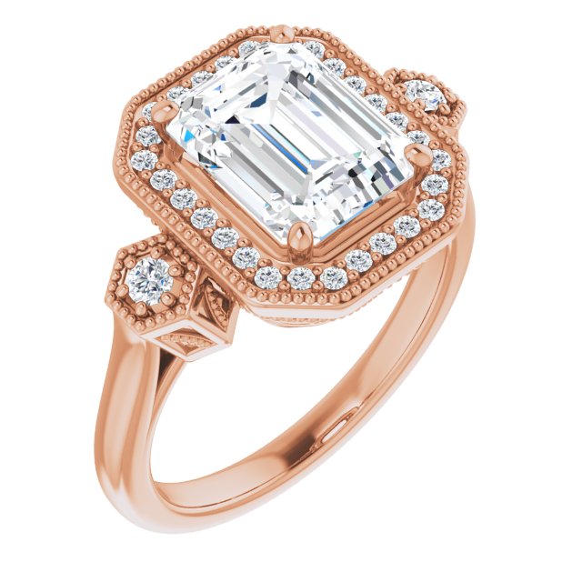 10K Rose Gold Customizable Cathedral Emerald/Radiant Cut Design with Halo and Delicate Milgrain