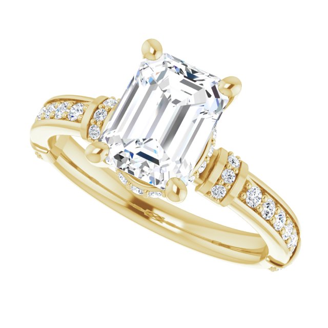 Cubic Zirconia Engagement Ring- The Ambrosia (Customizable Emerald Cut Style featuring Under-Halo, Shared Prong and Quad Horizontal Band Accents)