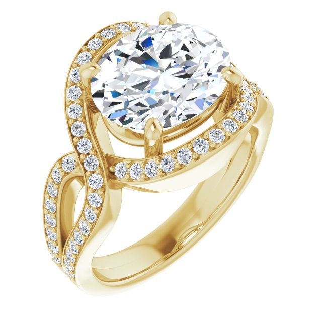 10K Yellow Gold Customizable Oval Cut Center with Infinity-inspired Split Shared Prong Band and Bypass Halo
