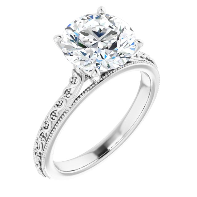 10K White Gold Customizable Round Cut Solitaire with Delicate Milgrain Filigree Band