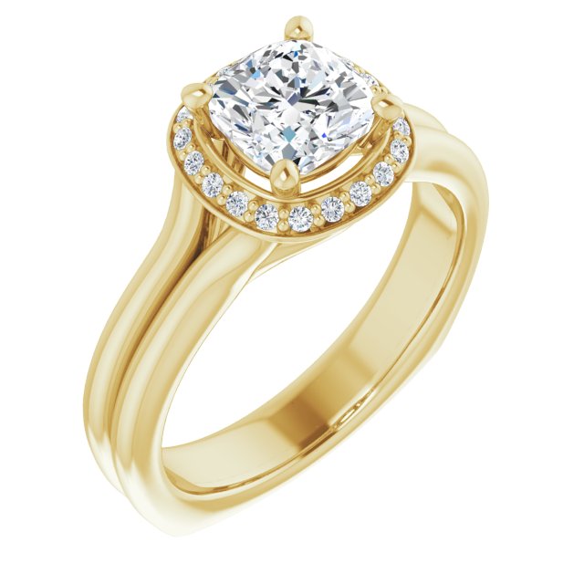 10K Yellow Gold Customizable Cushion Cut Style with Halo, Wide Split Band and Euro Shank