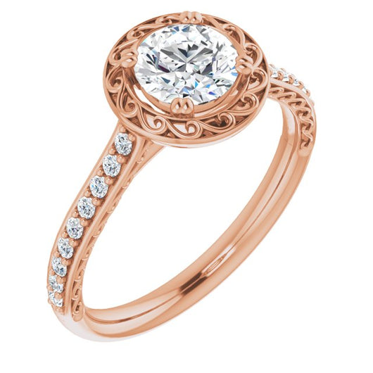 10K Rose Gold Customizable Round Cut Halo Design with Filigree and Accented Band