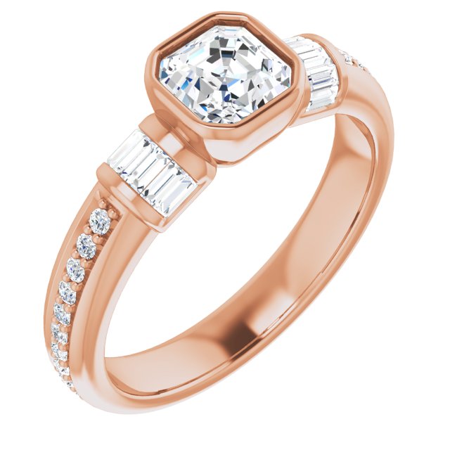10K Rose Gold Customizable Cathedral-Bezel Asscher Cut Style with Horizontal Baguettes & Shared Prong Band