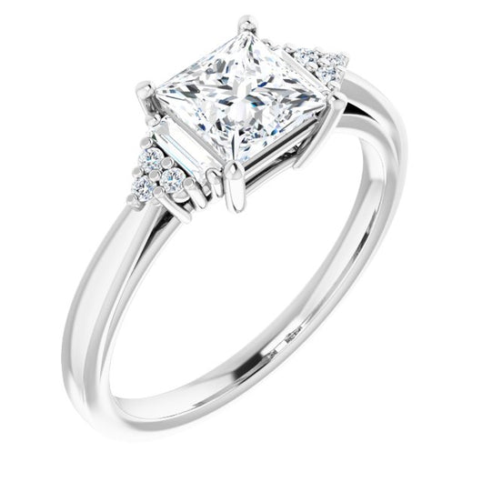 10K White Gold Customizable 9-stone Design with Princess/Square Cut Center, Side Baguettes and Tri-Cluster Round Accents