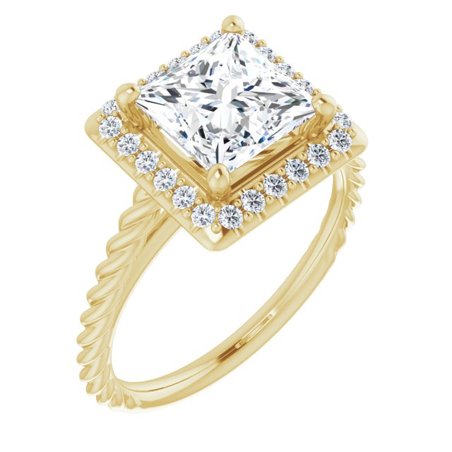 10K Yellow Gold Customizable Cathedral-set Princess/Square Cut Design with Halo and Twisty Rope Band
